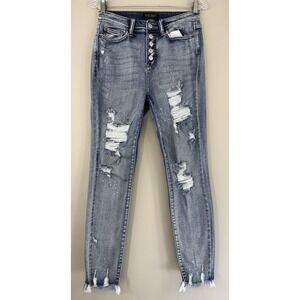Judy Blue Skinny‎ Fit Jeans Women's 5/27 Distressed Fray Hem Exposed Button Fly